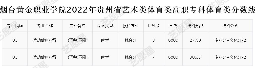 烟台黄金职业学院2022年贵州省艺术类体育类高职专科体育类分数线